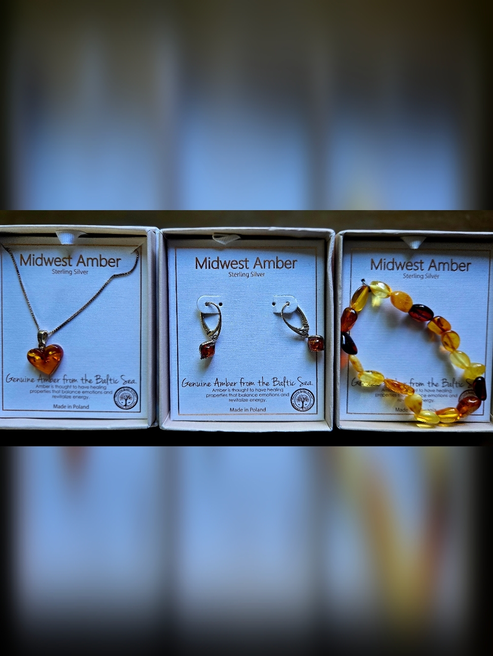 New Set Of Polish Midwest Baltic Amber Jewelry, Necklace, Earrings & Bracelet
